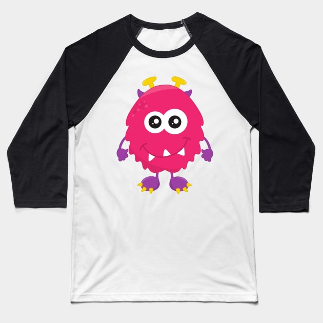 Cute Monster, Pink Monster, Horns, Funny Monster Baseball T-Shirt by Jelena Dunčević